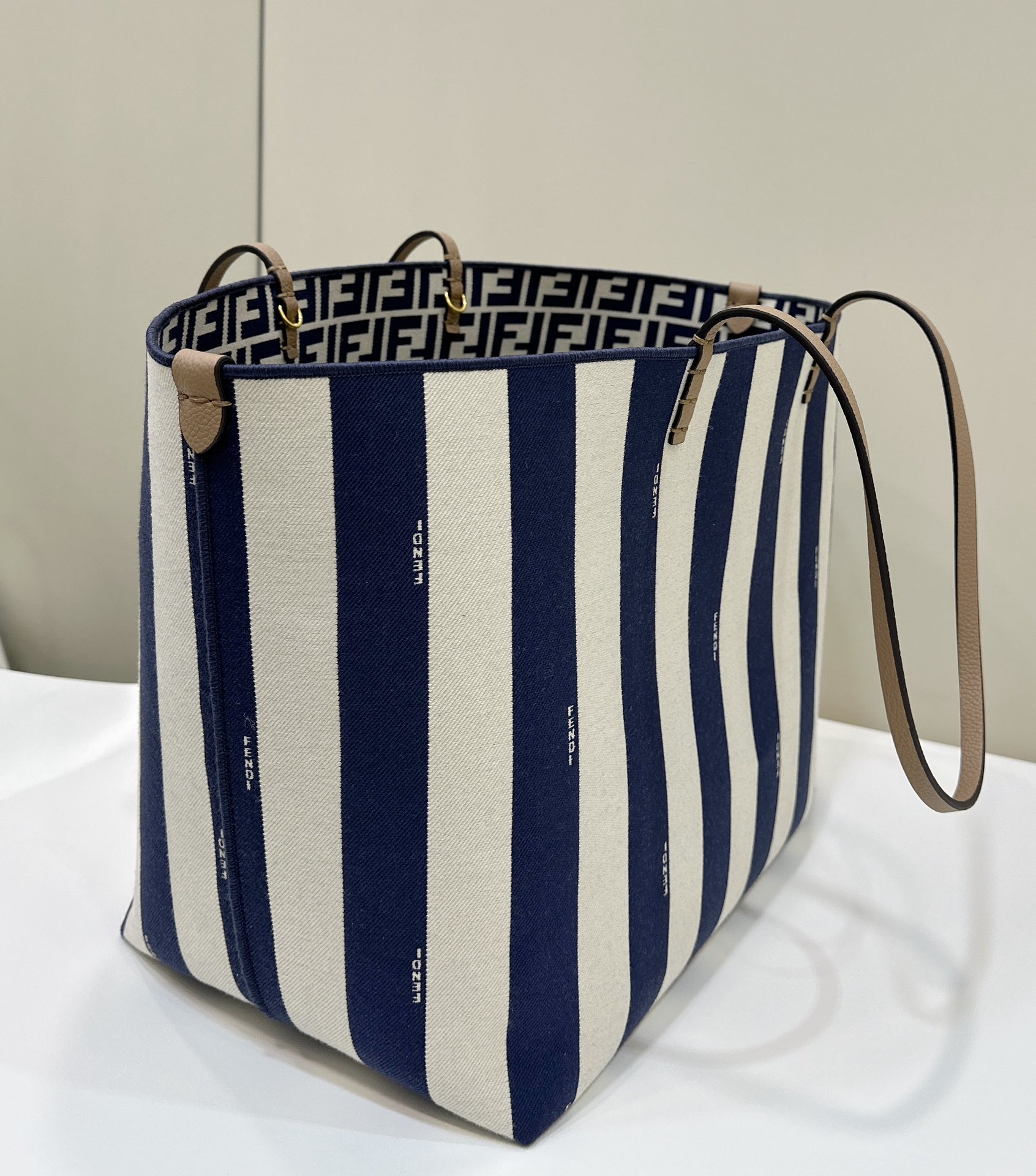 Fendi Large Roll Reversible Shopper Bag in Pequin Striped and Midnight Blue FF Fabric